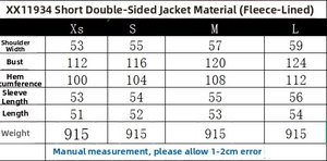 Size chart showing measurements for cropped reversible faux fur jacket for women