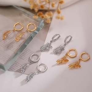 Feather Pendant Hoop Earrings Zircon Inlaid Copper Gold Plated Elegant Commuting Jewelry For Women Fashion Retro