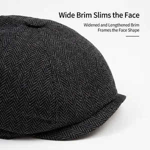 Deep grey herringbone newsboy cap with wide brim, vintage wool blend style for men