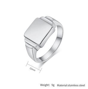 Macro detail of 12mm wide square silver stainless steel signet ring with polished finish
