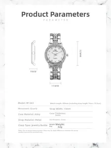 Detailed technical specifications and dimensions for this crystal-set women's quartz watch