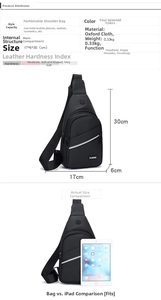 Detailed specs of black oxford crossbody chest bag size 17x6x30cm weighing 0.33kg