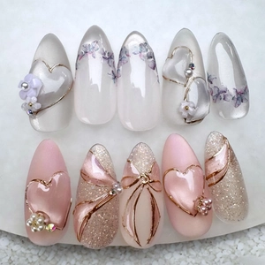 Long Stiletto Fake Nails ABS Plastic Sweet Gradient Pink 3D Resin Flowers Artificial Pearls Rhinestones Heart Bow Design French