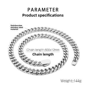 Detailed view of silver Cuban link necklace in stainless steel with push-lock clasp