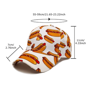 White baseball cap with cartoon hot dog print and size dimensions for outdoor sun protection