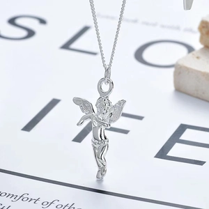 Minimalist S925 sterling silver cupid angel necklace pendant on a white background