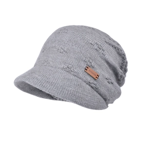 Chic grey knit visor beanie with ribbed texture and side leather patch for winter warmth