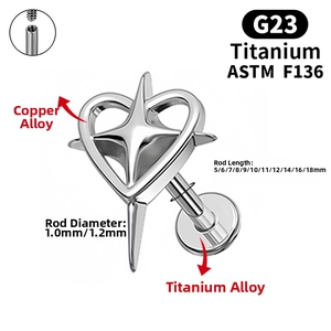 Macro detail of G23 titanium heart star labret stud showing gauge and length specs
