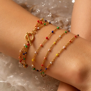 Chic multi-layer gold titanium steel chain bracelet with colorful enamel beads and T-bar clasp