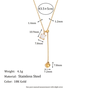 18K gold plated stainless steel necklace with square zircon and heart tassel pendants