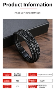 Detail view of a 21cm multi-layer woven black leather bracelet with alloy magnetic clasp