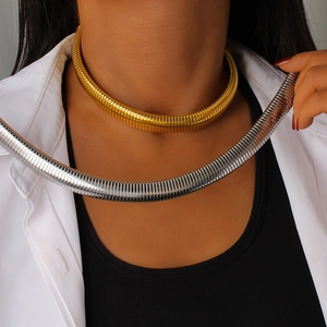Chunky stainless steel snake bone collar necklace in gold and silver for women