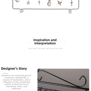 Close-up of white iron necklace wall rack showing metal hook details for jewelry storage