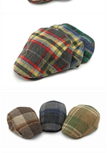 Close-up of wool plaid ivy cap featuring classic British vintage texture and patterns