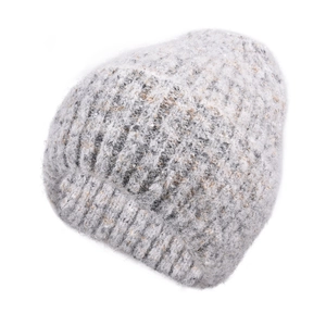 Close-up of thick knit ear-protection hat with grey and white wool texture detail
