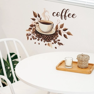 Detail view of coffee cup wall decal with steam and beans on white background