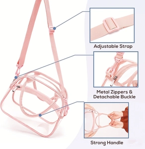 Detail view of clear PVC toiletry bag with adjustable pink strap and metal zippers