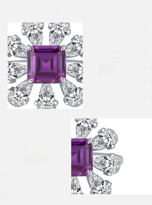 Macro detail of S925 silver ring featuring a square purple gem and pear-cut zircon stones