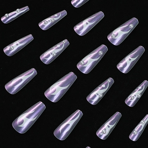 Long coffin press-on nails with purple cat eye finish, white flame art and pearls