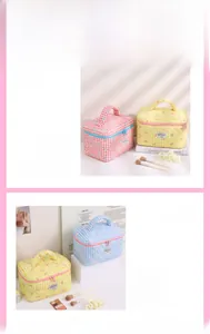 Close-up of quilted gingham makeup bags with bow details and dual zipper handles