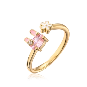 18K gold plated rabbit and flower open ring with pink gemstone and white enamel