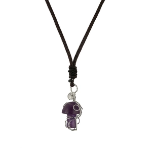 Detailed close-up of purple crystal mushroom pendant with handmade silver wire wrapping