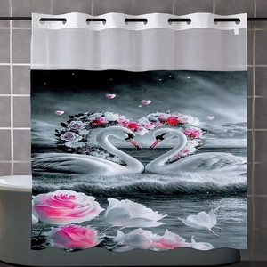 Close-up of waterproof shower curtain featuring white swans and pink rose floral pattern
