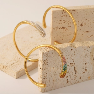 18K gold plated titanium steel open bangles set with colorful zircons and pearls