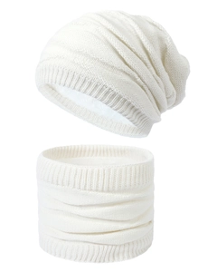 Detail of cream knit beanie and scarf set featuring soft white fleece lining texture