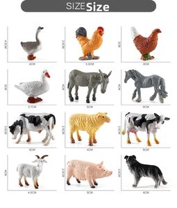Detailed size chart for miniature farm animals including cow, duck, and horse figurines