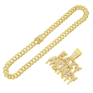 Iced-out gold Cuban chain necklace with Fast Money pendant and clear crystals