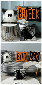 Set of four Halloween linen pillow covers with black cat, ghost, and BOO patterns