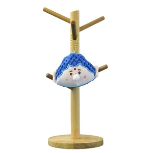 Adorable llavero de peluche de Buda con pelo azul y detalle de burbuja en soporte de madera