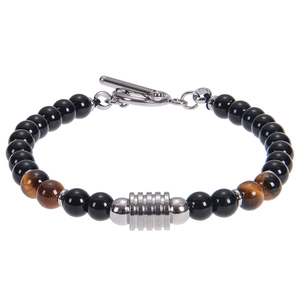 6mm Obsidian and Tiger Eye beaded bracelet with stainless steel OT buckle and metal cylinder
