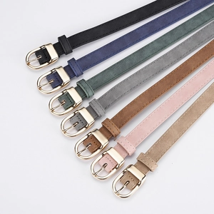 Women's thin PU leather belts in eight colors with golden D-shaped alloy buckles