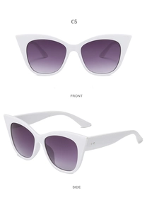 Front and side views of white cat eye sunglasses with purple gradient lenses and metal studs