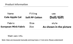 Detailed specifications of the Apple Cat plush toy featuring premium mink fleece fabric
