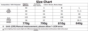 Size chart for women faux fur jacket showing dimensions for XS to L in centimeters