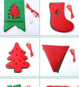 Detailed views of red and green felt Christmas banners with Merry Christmas cutouts
