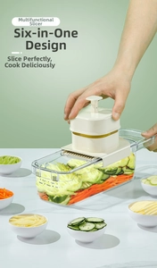 Macro view of 6-in-1 multifunctional vegetable slicer showing carrot slices and cucumber shreds
