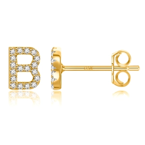 Gold plated S925 sterling silver letter B stud earring with zircon micro-pave setting