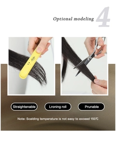 Détail d'extensions en cheveux synthétiques noirs lissables montrant la coupe et la chaleur