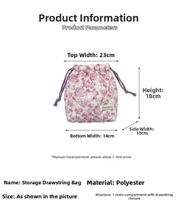 Quilted floral drawstring bag showing dimensions 23x14x18x10cm with clear sizing details