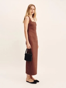 Detail of square neck design and premium cotton linen fabric on a brown maxi dress