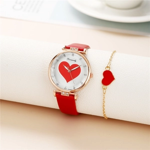 Stylish women's watch and bracelet set featuring a red leather heart design and crystals
