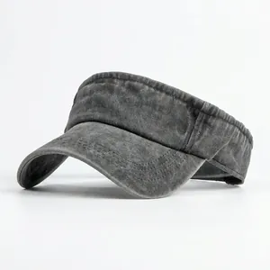 Unisex washed cotton sun visor hat in dark grey with wide brim and elastic back strap