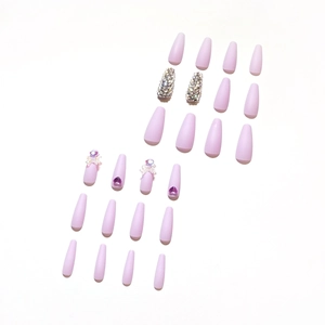 24pcs Purple Matte Press-on Nails with Rhinestones, Bows and Heart Designs