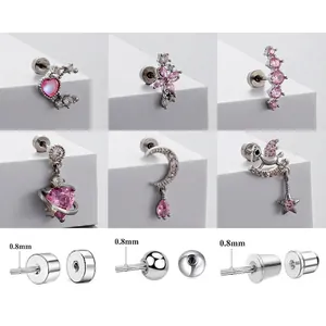 Stainless Steel Helix Piercing Earring Studs With Pink Cubic Zirconia Moon Star Heart Flower Shape For Women