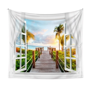 Detail view of 3D fake window tapestry with tropical sea sunset and palm tree scenery