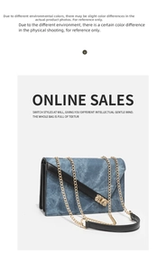 Detail of blue denim fabric texture and black leather trim on a square crossbody bag
